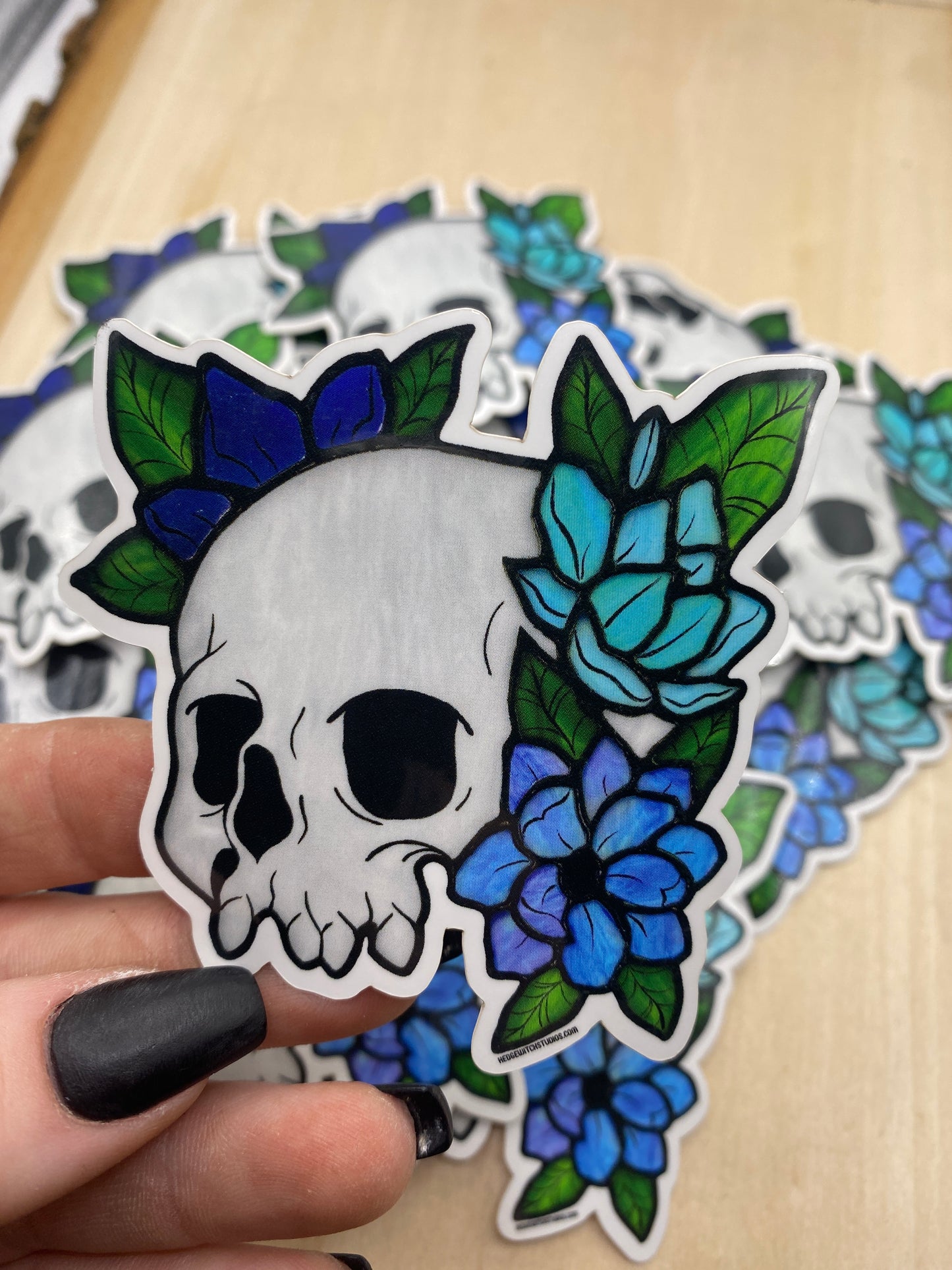 Skull & Light Blue Flowers Sticker