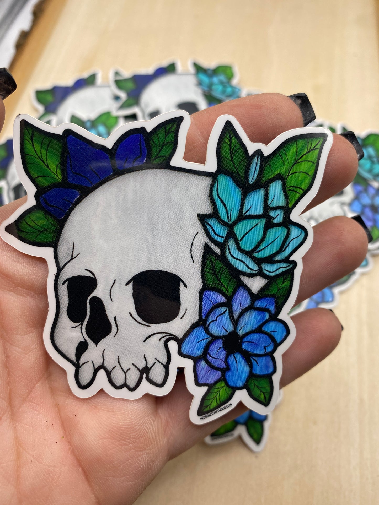 Skull & Light Blue Flowers Sticker