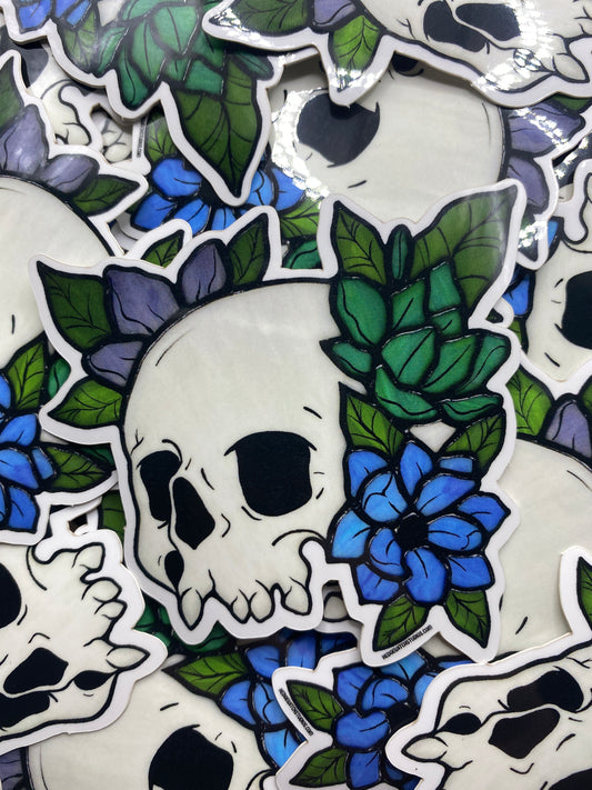 Skull & Cool Blue Flowers Sticker