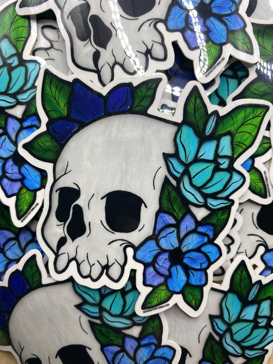 Skull &  Light Blue Flowers Sticker